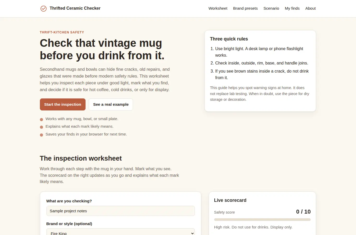 Screenshot of Thrifted Ceramic Crack & Glaze Checker interface showing the project page in use